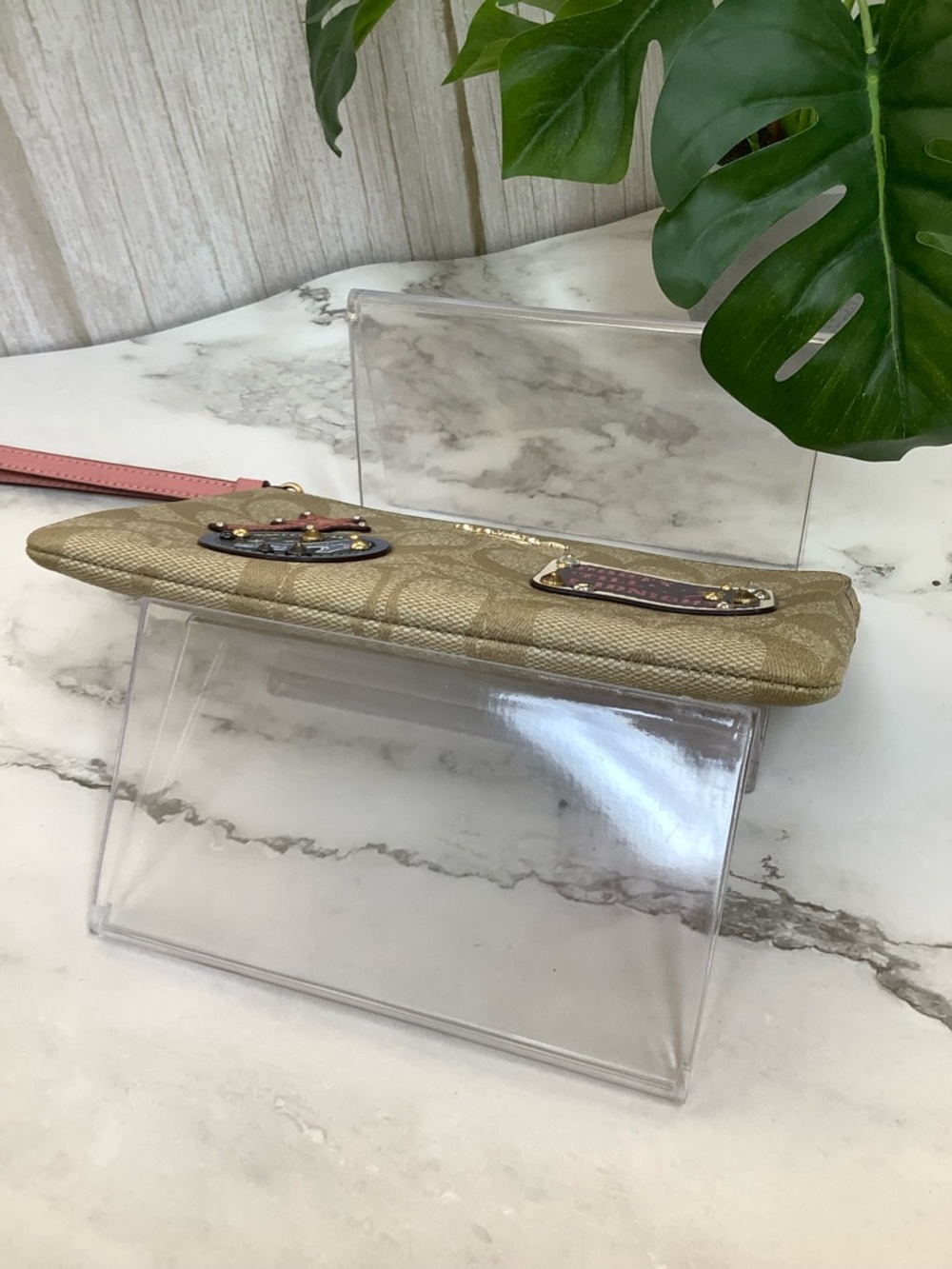 NWOT Coach Gold Signature Canvas Wristlet with Party Patch Accents - Picture 5 of 8